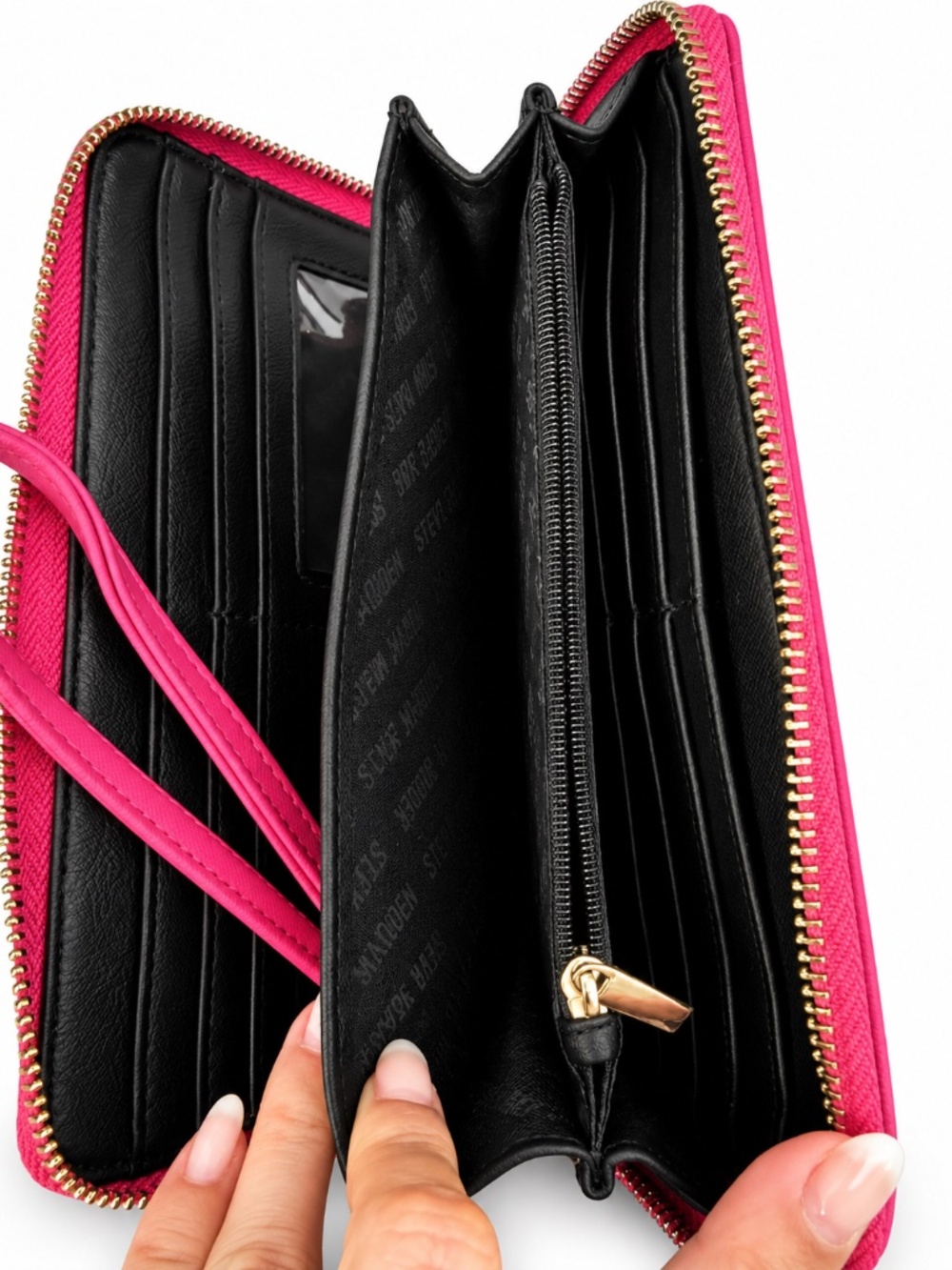 Steve Madden Hot Pink BZIPPY Zip Around Wristlet Wallet Silver NWOT - Picture 4 of 5